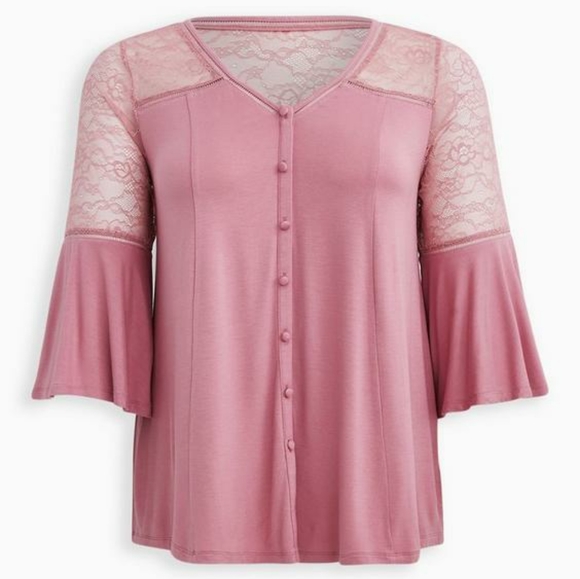 1X Plus Size Torrid Super Soft V-Neck Lace Inset Bell Sleeve top shirt pink 💗 - Picture 5 of 5